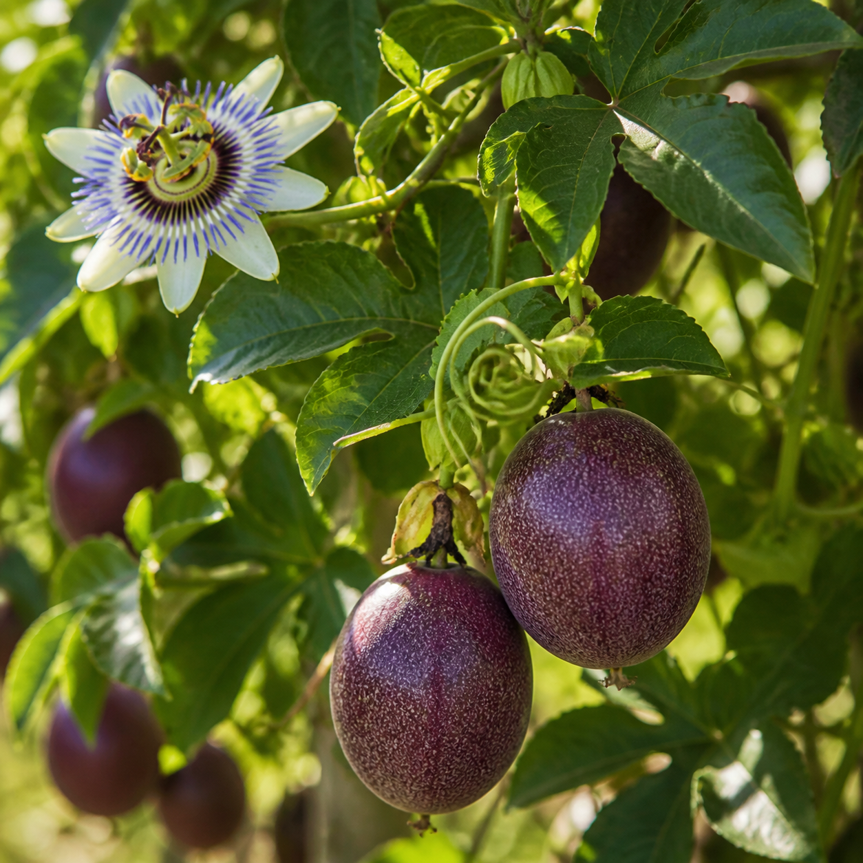 Passion fruit growing on a vine