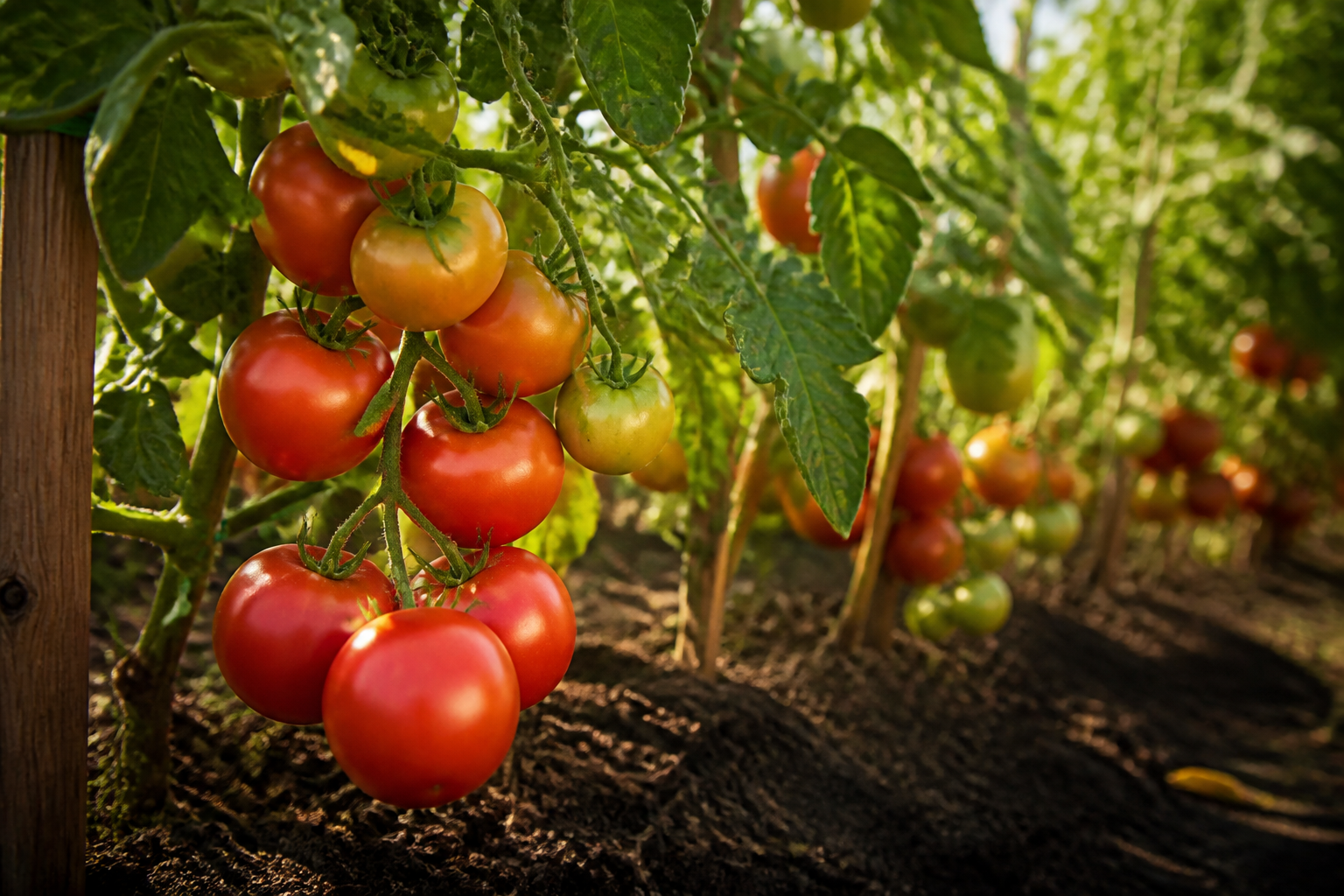 Ripe tomatoes growing on the vine at the farm